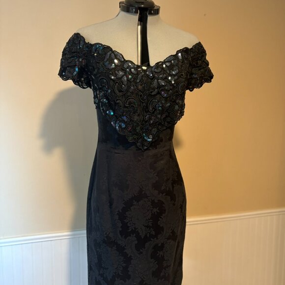 JESSICA McCLINTOCK Off-Shoulder Damask + Sequins Black Party Dress | 80s Size 4 - Picture 2 of 11